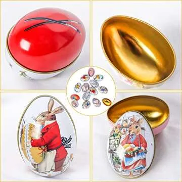 Crazy Night Assorted Metallic Easter Egg Container Different Design Wedding Supplies Painting Print Candy Packaging Box Tin Easter Day Eggs Random Color (12)