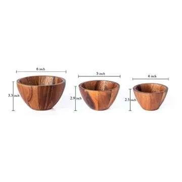 BestySuperStore Tiny Nesting Round Wood Bowls Mix Size 4", 5", 6" Stackable Acacia Wooden Bowl Set with 3 spoons for serving salad dip sauce snack rice pasta cereal Decor Tableware Nested Dish Sets