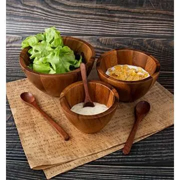 BestySuperStore Tiny Nesting Round Wood Bowls Mix Size 4", 5", 6" Stackable Acacia Wooden Bowl Set with 3 spoons for serving salad dip sauce snack rice pasta cereal Decor Tableware Nested Dish Sets