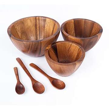 BestySuperStore Tiny Nesting Round Wood Bowls Mix Size 4", 5", 6" Stackable Acacia Wooden Bowl Set with 3 spoons for serving salad dip sauce snack rice pasta cereal Decor Tableware Nested Dish Sets