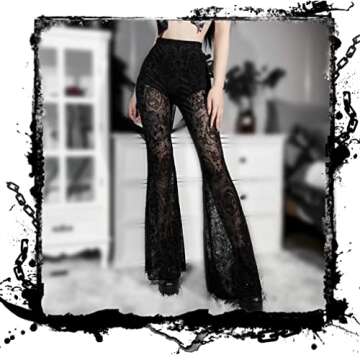 Alt Flared Pants for Women Black Mesh Sheer Bell Bottoms See Through Lace Wide Leg