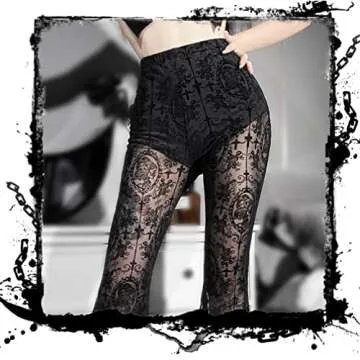 Alt Flared Pants for Women Black Mesh Sheer Bell Bottoms See Through Lace Wide Leg
