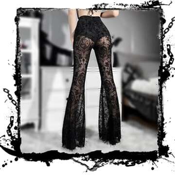 Alt Flared Pants for Women Black Mesh Sheer Bell Bottoms See Through Lace Wide Leg