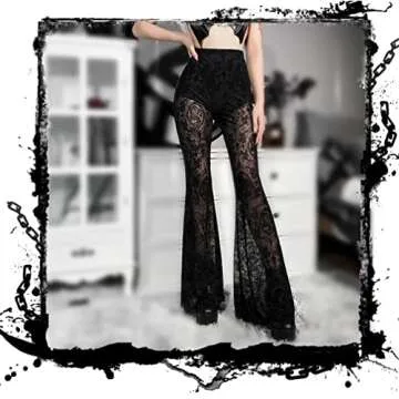 Alt Flared Pants for Women Black Mesh Sheer Bell Bottoms See Through Lace Wide Leg