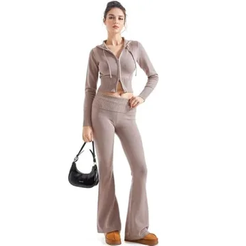 SUUKSESS Women's 2 Piece Knit Sets - Cropped Zip Up Hoodie & Foldover Flare Leg Pants (Khaki, M)