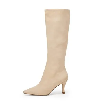 Coutgo Womens Pointed Toe Knee High Boots Sexy kitten Heel Side Zipper Vegan Suede Comfort Winter Boot