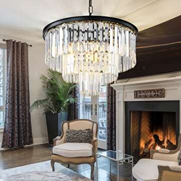 JHEANTCY 3-Tier Black Modern Crystal Chandelier Ceiling Light Fixture, Dia 19.6" 6 Lights Round Crystal Flush Mount Pendant Lighting Height Adjustable for Dining Room Living Room Kitchen Foyer