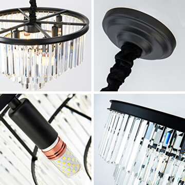 JHEANTCY 3-Tier Black Modern Crystal Chandelier Ceiling Light Fixture, Dia 19.6" 6 Lights Round Crystal Flush Mount Pendant Lighting Height Adjustable for Dining Room Living Room Kitchen Foyer