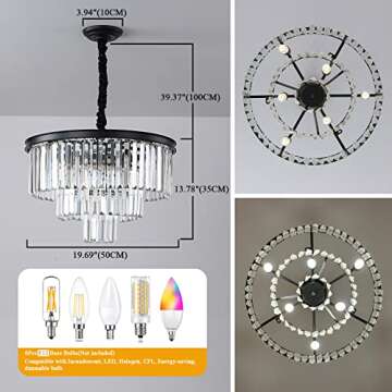 JHEANTCY 3-Tier Black Modern Crystal Chandelier Ceiling Light Fixture, Dia 19.6" 6 Lights Round Crystal Flush Mount Pendant Lighting Height Adjustable for Dining Room Living Room Kitchen Foyer