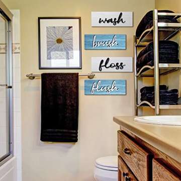 Jetec 4 Pieces Farmhouse Bathroom Wall Decor Wash Signs Rustic Hanging Wooden Signs Primitive Bathro...