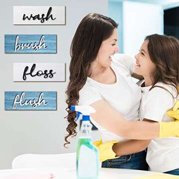 Jetec 4 Pieces Farmhouse Bathroom Wall Decor Wash Signs Rustic Hanging Wooden Signs Primitive Bathroom Wall Arts Vintage Country Wooden Decorations Wall Signs for Home Room Bathroom (Blue, White)