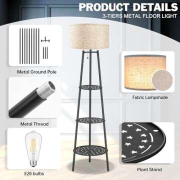 ZQQLITE Floor Lamp for Living Room， Standing Lamp，Tall Lamp， Amparas Elegantes para Sala with Linen Shade，Modern Floor Lamp for Living Room，Bedroom or Office（Black Floor Lamp）