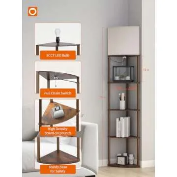 addlon Corner Lamps 5-Tier Shelf Floor Lamp Display with 3 Color Temperatures LED Bulb and Linen Lamp Shade, Shelves for Living Room, Bedroom and Office - Vintage
