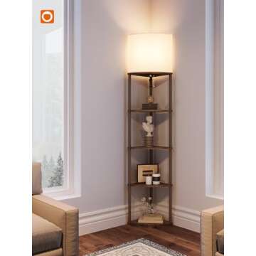 addlon Corner Lamps 5-Tier Shelf Floor Lamp Display with 3 Color Temperatures LED Bulb and Linen Lamp Shade, Shelves for Living Room, Bedroom and Office - Vintage