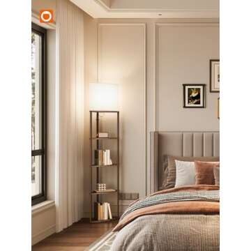 addlon Corner Lamps 5-Tier Shelf Floor Lamp Display with 3 Color Temperatures LED Bulb and Linen Lamp Shade, Shelves for Living Room, Bedroom and Office - Vintage