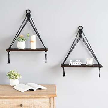 Mkono Macrame Hanging Shelves Boho Wall Decor Set of 2 Rustic Wood Floating Storage Shelf for Bedroo...
