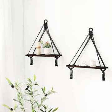 Mkono Macrame Hanging Shelves Boho Wall Decor Set of 2 Rustic Wood Floating Storage Shelf for Bedroom Bathroom Living Room Nursery Dorm Room, Display Shelving for Hanging Plants Photos