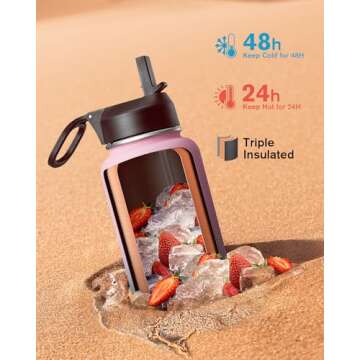 32 oz Insulated Water Bottle with Straw&3 Lids, Coolflask Stainless Steel Metal Flask Wide Mouth for...
