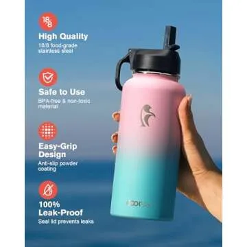 32 oz Insulated Water Bottle with Straw&3 Lids, Coolflask Stainless Steel Metal Flask Wide Mouth for Sports or Office, Non-BPA Keep Cold Up to 48 Hrs or Hot Up to 24 Hrs, Bubblegum Princess