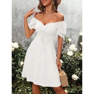 Wenrine Womens Summer Short Puff Sleeve Mini Dresses Drawstring Sweetheart Neck Casual Slim Flowy Dr...