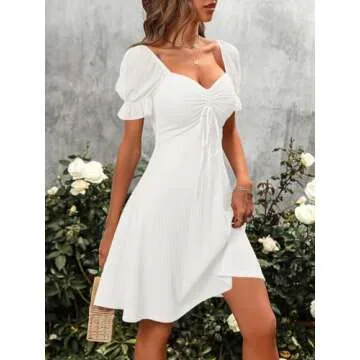Wenrine Womens Summer Short Puff Sleeve Mini Dresses Drawstring Sweetheart Neck Casual Slim Flowy Dress Sundress White