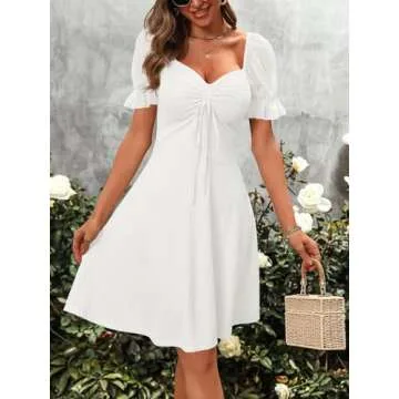 Wenrine Womens Summer Short Puff Sleeve Mini Dresses Drawstring Sweetheart Neck Casual Slim Flowy Dress Sundress White