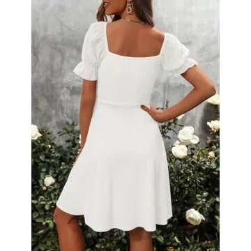 Wenrine Womens Summer Short Puff Sleeve Mini Dresses Drawstring Sweetheart Neck Casual Slim Flowy Dress Sundress White