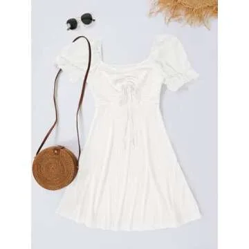 Wenrine Womens Summer Short Puff Sleeve Mini Dresses Drawstring Sweetheart Neck Casual Slim Flowy Dress Sundress White