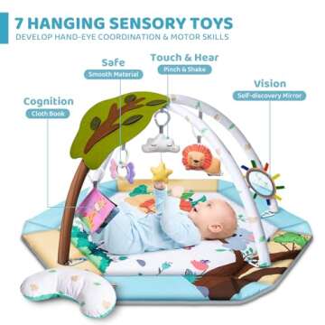 Baby Gym Play Mat, 8-in-1 Tummy Time Mat & Ball Pit with 6 Toys, Washable Baby Activity Play Mat for...