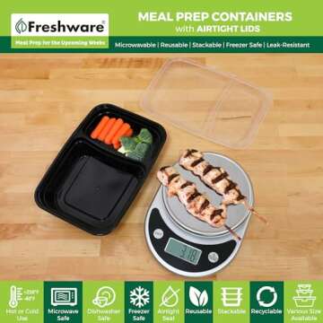 Freshware Meal Prep Containers [50 Pack] 2 Compartment with Lids, Food Storage Containers, Bento Box...