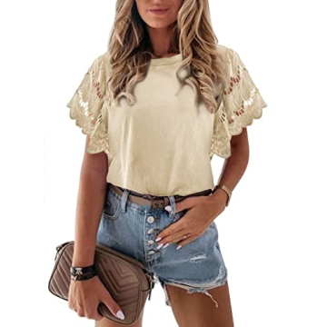 Zenlonr Women Summer Crewneck Bell Sleeves Tops 2024 Casual Solid Crochet T Shirts Hollow Out Sleeve...