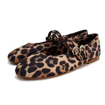 ATBELL Womens Leopard Print Ballet Flats Round Toe Double Strap Casual Ballerina Shoes Comfortable R...