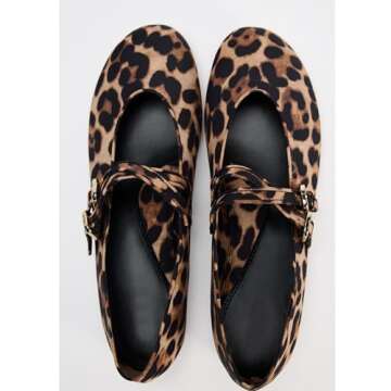 ATBELL Womens Leopard Print Ballet Flats Round Toe Double Strap Casual Ballerina Shoes Comfortable Red Mary Jane Flat for Women