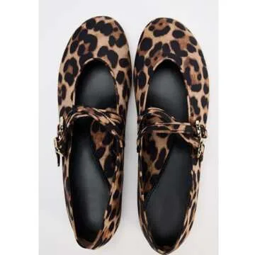 ATBELL Womens Leopard Print Ballet Flats Round Toe Double Strap Casual Ballerina Shoes Comfortable Red Mary Jane Flat for Women