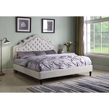HomeLife Premiere Classics 51" Tall Platform Bed with Cloth Headboard and Slats - Full (Light Beige ...