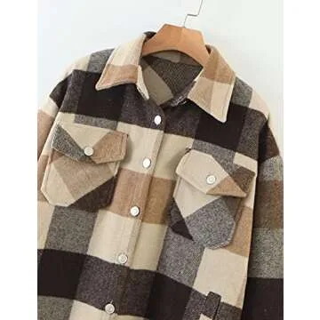 UANEO Womens Plaid Shacket Button Down Wool Blend Fall Flannel Shirt Jacket