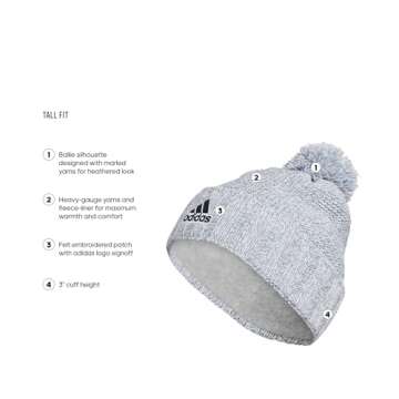 adidas Men's Recon Ballie Pom Tall Fit Fold Beanie Discontinued, White-Light Grey Heather Twist/Black/White, One Size