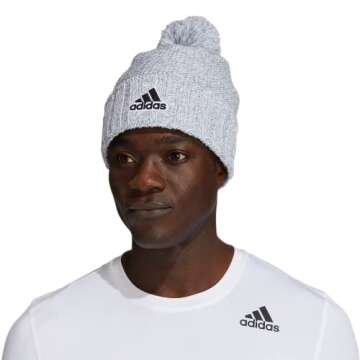 adidas Men's Recon Ballie Pom Tall Fit Fold Beanie Discontinued, White-Light Grey Heather Twist/Black/White, One Size