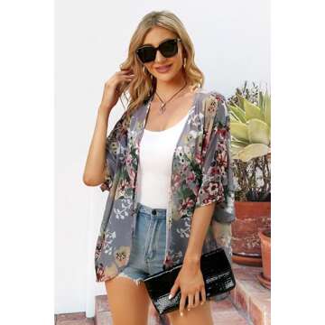 Floral Puff Sleeve Kimono Cardigan for Summer