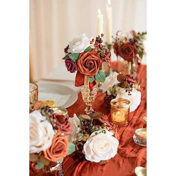 Ling’s Moment Artificial Flowers 25Pcs Burnt Orange Sienna Roses Decor w/Stems,3" Real Touch DIY F...