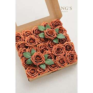 Ling’s Moment Artificial Flowers 25Pcs Burnt Orange Sienna Roses Decor w/Stems,3" Real Touch DIY Foam Floral for Wedding Bouquet/Centerpieces, Outdoors Party Backdrop, Room/Table, and Garden/Pot Decor