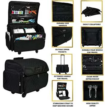 Everything Mary 4 Wheels Collapsible Deluxe Sewing Machine Storage Case, Black - Rolling Trolley Carrying Bag for Brother, Singer, Bernina & Most Machines - Travel Tote Organizer for Accessories