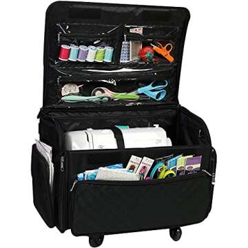 Everything Mary 4 Wheels Collapsible Deluxe Sewing Machine Storage Case, Black - Rolling Trolley Carrying Bag for Brother, Singer, Bernina & Most Machines - Travel Tote Organizer for Accessories