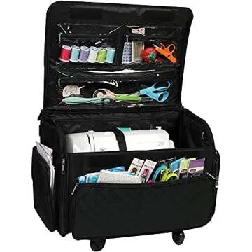 Everything Mary 4 Wheels Collapsible Deluxe Sewing Machine Storage Case, Black - Rolling Trolley Carrying Bag for Brother, Singer, Bernina & Most Machines - Travel Tote Organizer for Accessories
