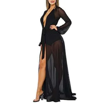 Sovoyontee Women's Black Sexy Kimono Long Sleeve Swimsuit Swim Bathing Beach Cover Up Dress M