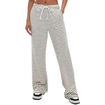 Darong Wide Leg Pants for Women Drawstring Elastic Waist Stripe Sweatpants with Pocket 9066A Apricot Stripe XS 29"