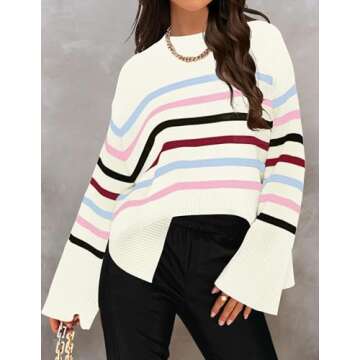 ZESICA Women's Fall Winter Striped Long Sleeve Crew Neck Ribbed Knit Side Slit Oversized Pullover Sw...