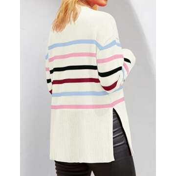 ZESICA Women's Fall Winter Striped Long Sleeve Crew Neck Ribbed Knit Side Slit Oversized Pullover Sweater Jumper Top,BluePink,Small
