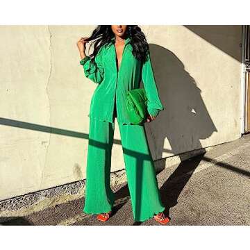 Halfword 2 Piece Outfits for Women - Linen Long Sleeve Button Down Shirt + Flare Pleated Wide Leg Pants Sets Green XXL