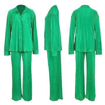 Halfword 2 Piece Outfits for Women - Linen Long Sleeve Button Down Shirt + Flare Pleated Wide Leg Pants Sets Green XXL